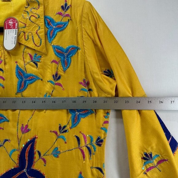 India Home Textile Dress Womens Sz M Golden Yellow Long Sleeve Lined Embroidered - Picture 10 of 12